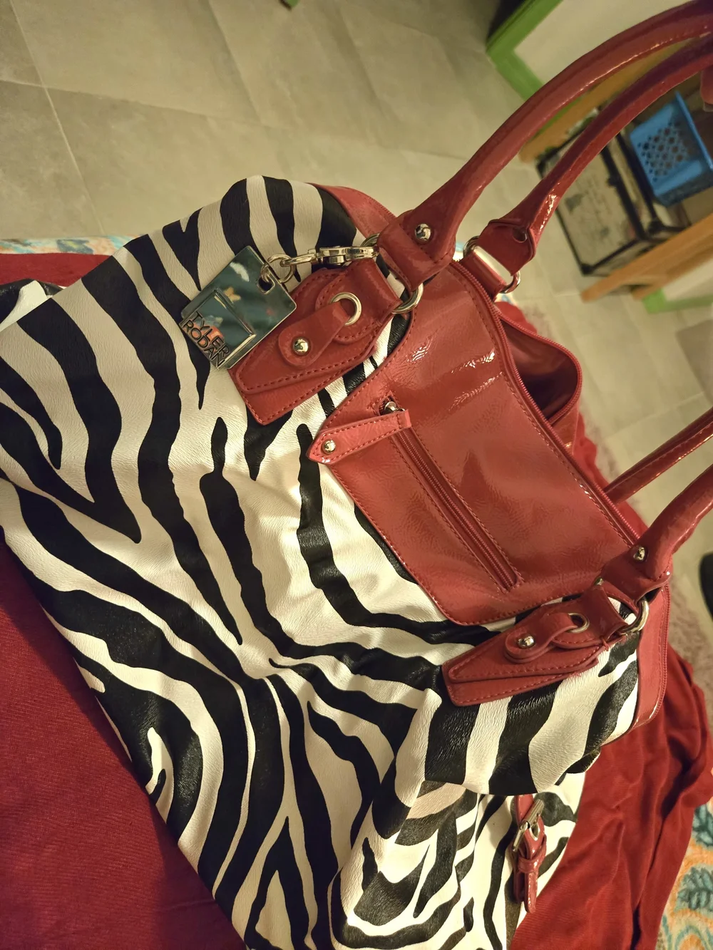 Zebra Print Shoulder Bag with Red Trim